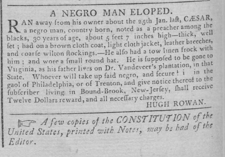 1791 New Jersey advertisement to recover escaped preacher Caesar.